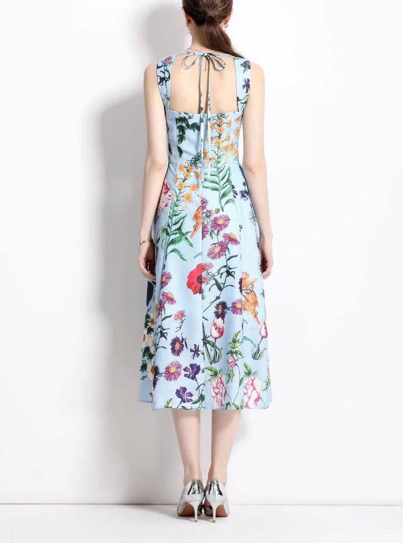 Floral Print Dress Sleeveless Square Collar Mid-Calf Rainbow Jurk A-LINE Dresses Empire