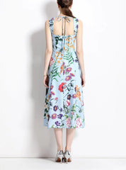Floral Print Dress Sleeveless Square Collar Mid-Calf Rainbow Jurk A-LINE Dresses Empire