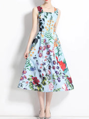 Floral Print Dress Sleeveless Square Collar Mid-Calf Rainbow Jurk A-LINE Dresses Empire