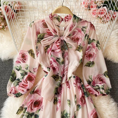 Floral Print Dress for Women Lace-up Gentle Dresses Lantern Sleeve