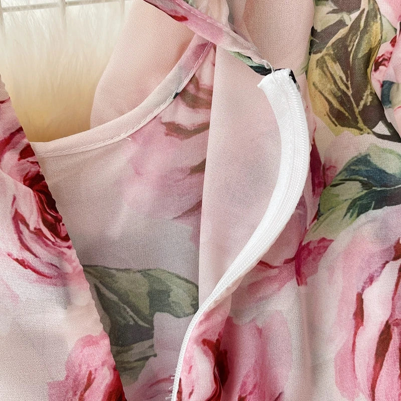 Floral Print Dress for Women Lace-up Gentle Dresses Lantern Sleeve