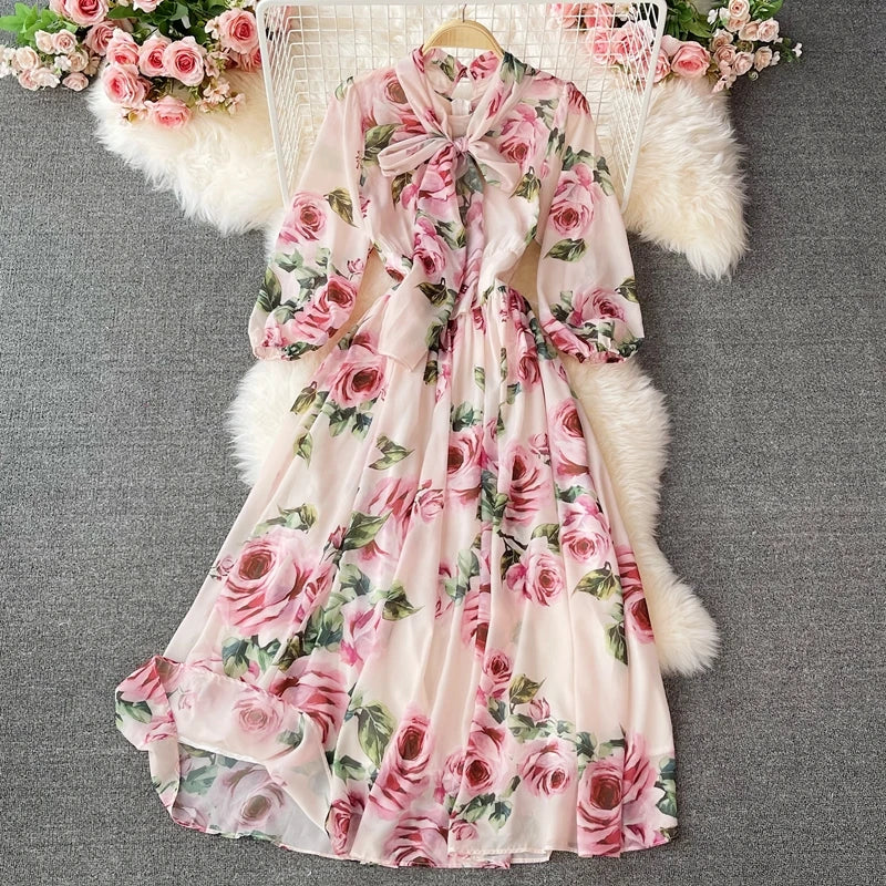 Floral Print Dress for Women Lace-up Gentle Dresses Lantern Sleeve
