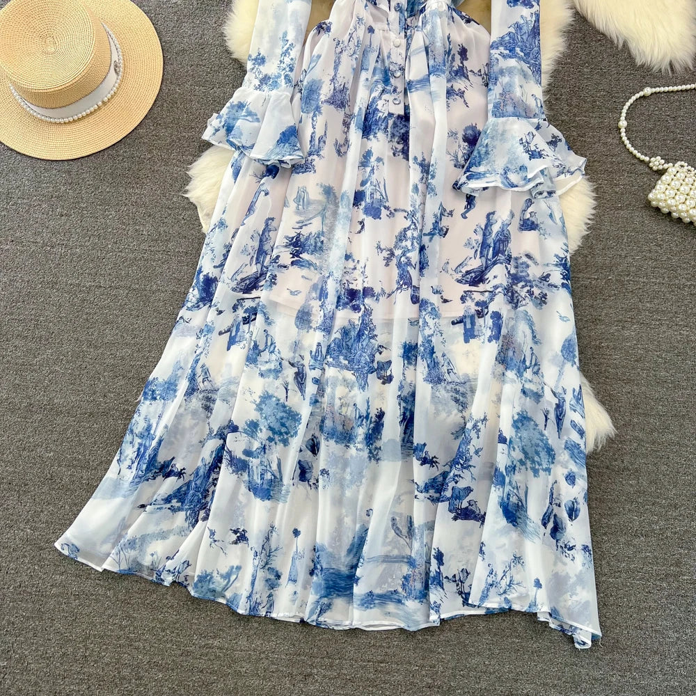 Floral Print Flare Sleeve Stand Collar Female Chiffon Maxi Dress