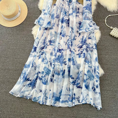 Floral Print Flare Sleeve Stand Collar Female Chiffon Maxi Dress