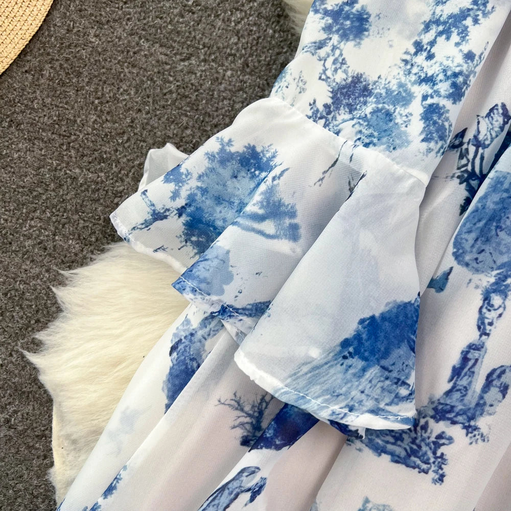 Floral Print Flare Sleeve Stand Collar Female Chiffon Maxi Dress