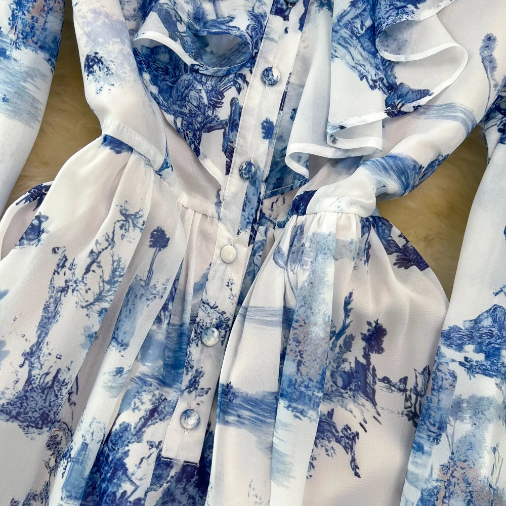 Floral Print Flare Sleeve Stand Collar Female Chiffon Maxi Dress