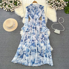 Floral Print Flare Sleeve Stand Collar Female Chiffon Maxi Dress