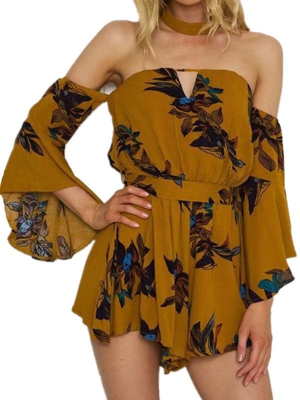 Floral Print Flowers Polyester Flared One Piece Outfit