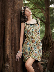 Floral Print Guipure Lace Open Back Square Collar Dress