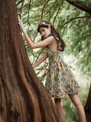 Floral Print Guipure Lace Open Back Square Collar Dress