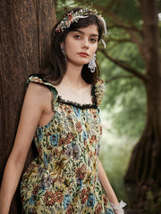 Floral Print Guipure Lace Open Back Square Collar Dress