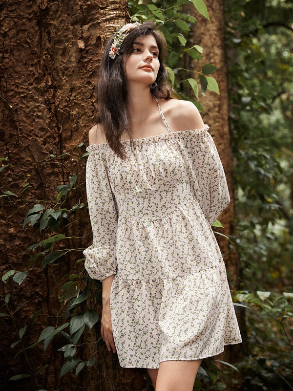 Floral Print Halter Long Sleeve Lettuce Edge Romantic Dress