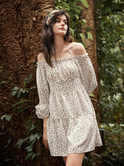 Floral Print Halter Long Sleeve Lettuce Edge Romantic Dress