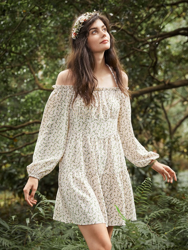 Floral Print Halter Long Sleeve Lettuce Edge Romantic Dress
