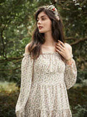 Floral Print Halter Long Sleeve Lettuce Edge Romantic Dress