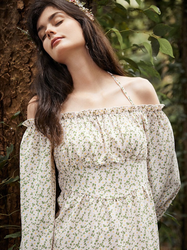 Floral Print Halter Long Sleeve Lettuce Edge Romantic Dress