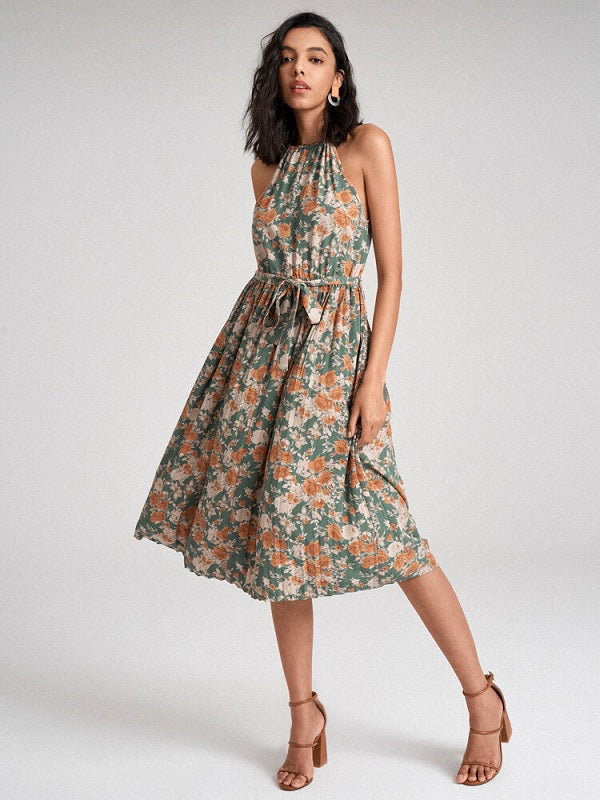 Floral Print Halter Pleated Midi Dress With Belt