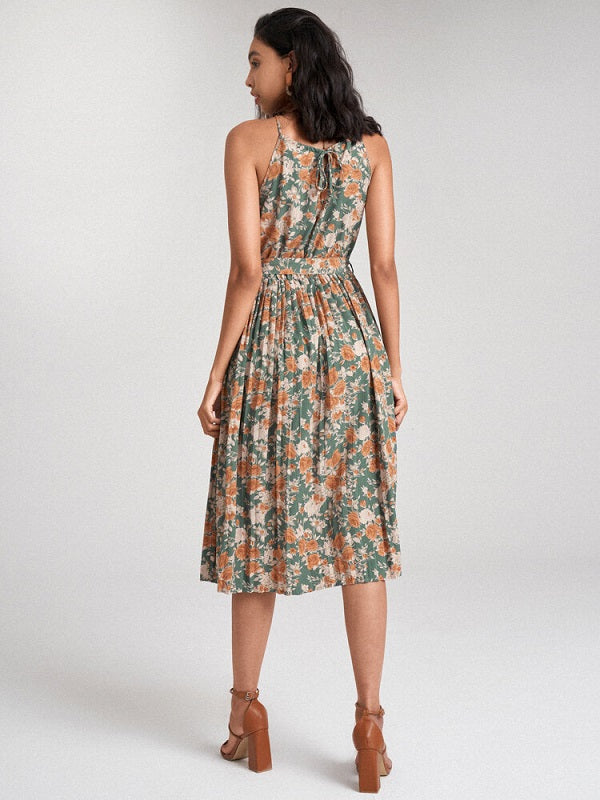 Floral Print Halter Pleated Midi Dress With Belt