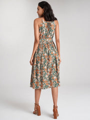 Floral Print Halter Pleated Midi Dress With Belt