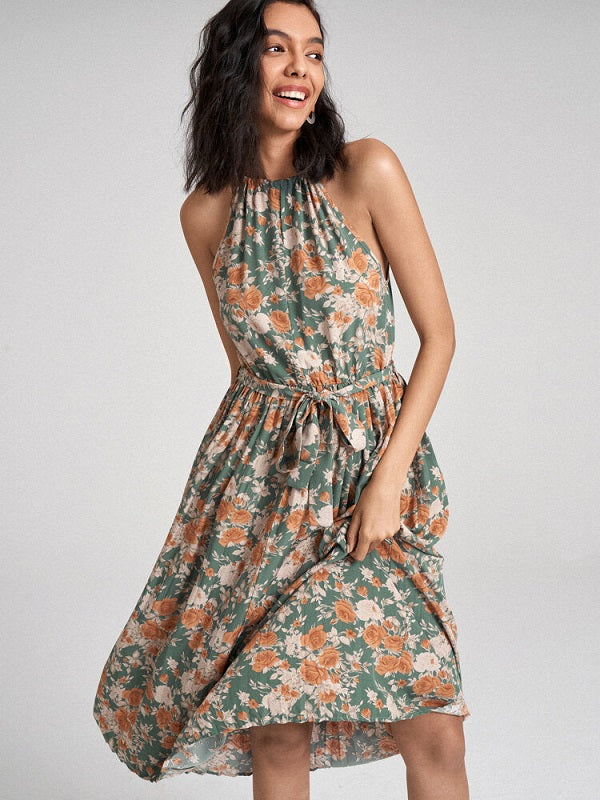 Floral Print Halter Pleated Midi Dress With Belt