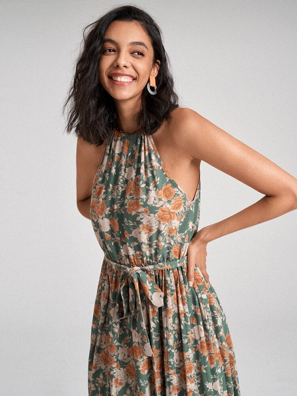 Floral Print Halter Pleated Midi Dress With Belt