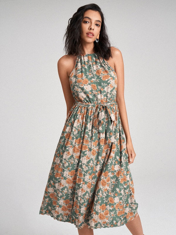 Floral Print Halter Pleated Midi Dress With Belt
