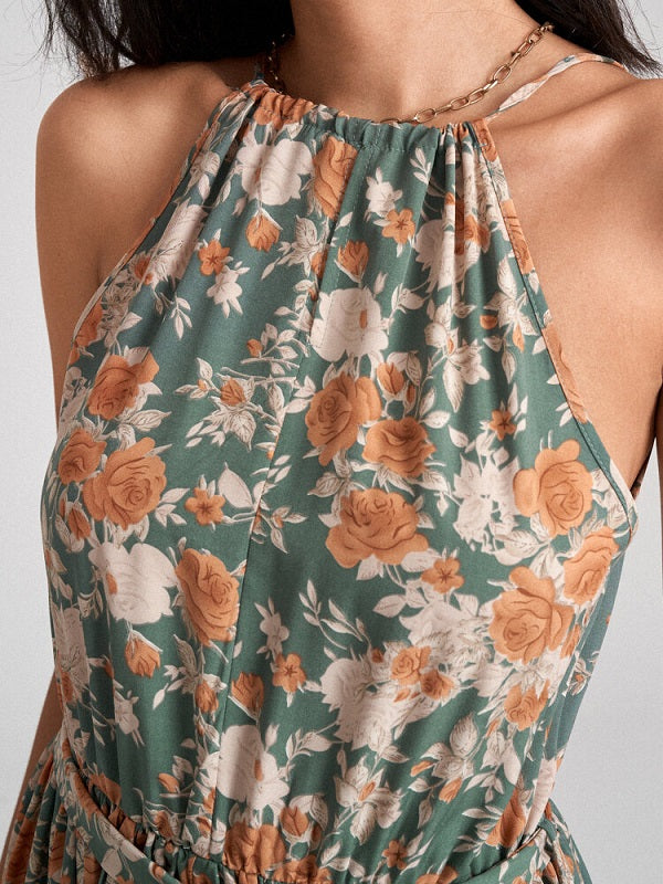 Floral Print Halter Pleated Midi Dress With Belt