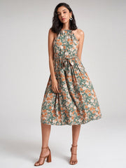 Floral Print Halter Pleated Midi Dress With Belt