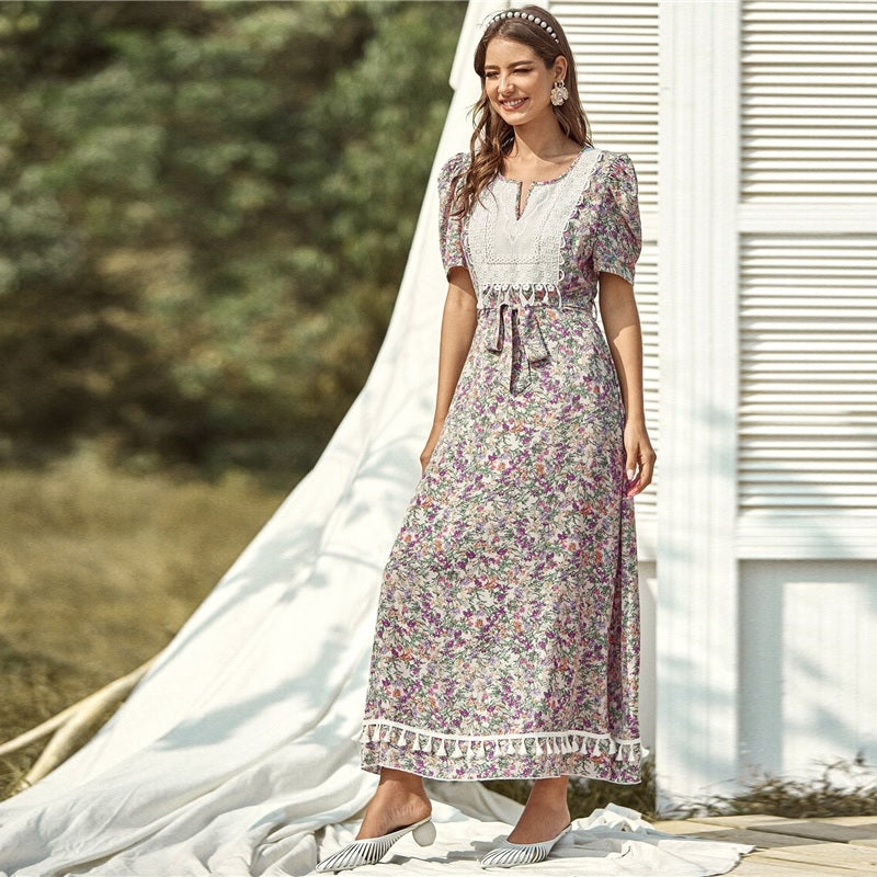 Floral Print High Waist A Line Bohemian Long Dresses