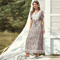 Floral Print High Waist A Line Bohemian Long Dresses