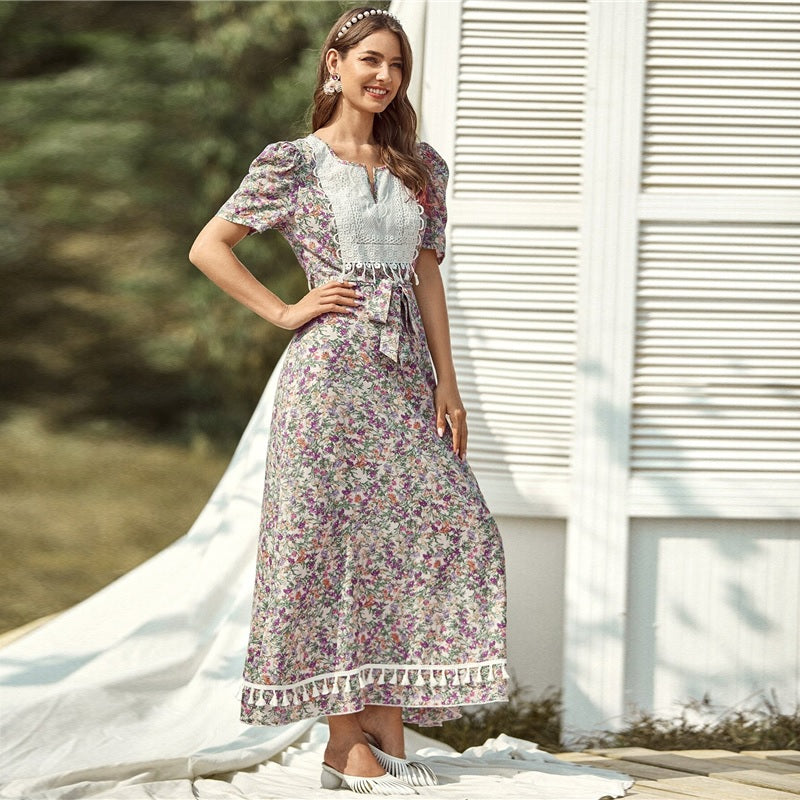 Floral Print High Waist A Line Bohemian Long Dresses