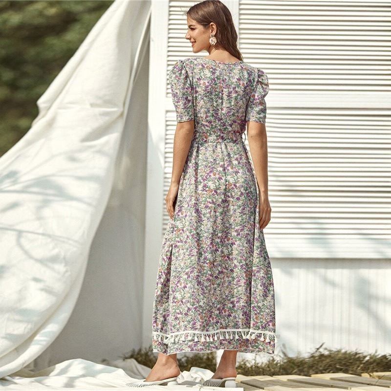 Floral Print High Waist A Line Bohemian Long Dresses
