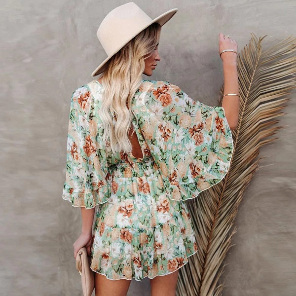 Floral Print Hollow Out Ruffled A-line Mini Dress