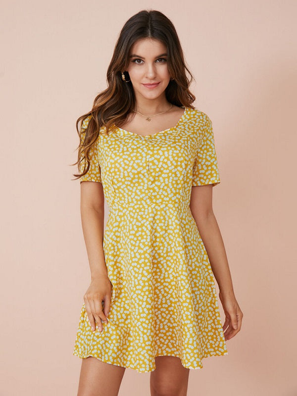 Floral Print Keyhole Back Short Sleeve Sqaure Collar Dress