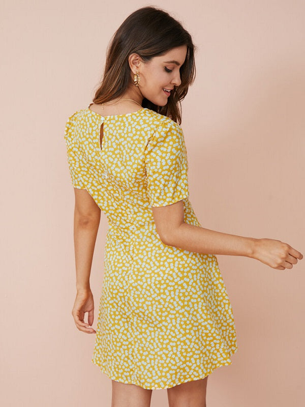 Floral Print Keyhole Back Short Sleeve Sqaure Collar Dress