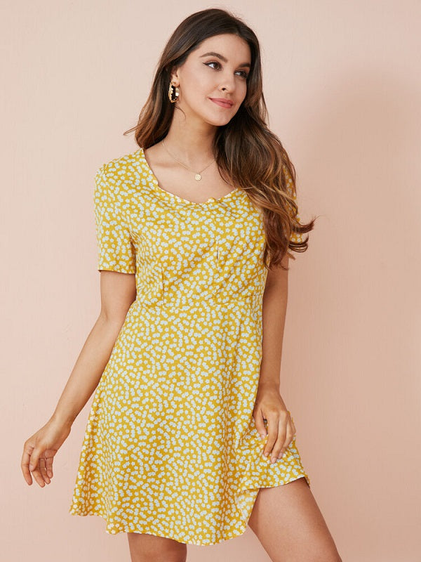 Floral Print Keyhole Back Short Sleeve Sqaure Collar Dress