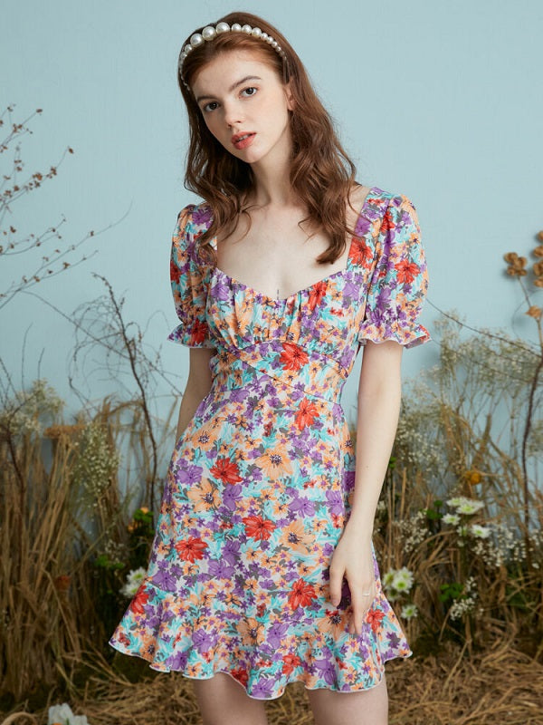 Floral Print Knotted Puff Sleeve Square Collar Dress