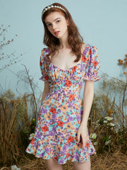 Floral Print Knotted Puff Sleeve Square Collar Dress