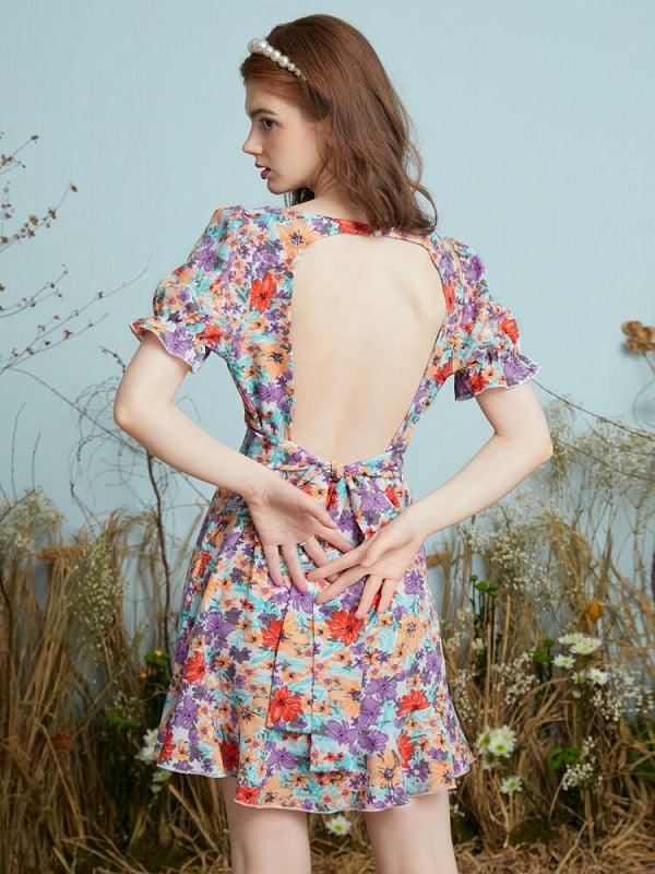 Floral Print Knotted Puff Sleeve Square Collar Dress