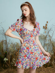 Floral Print Knotted Puff Sleeve Square Collar Dress