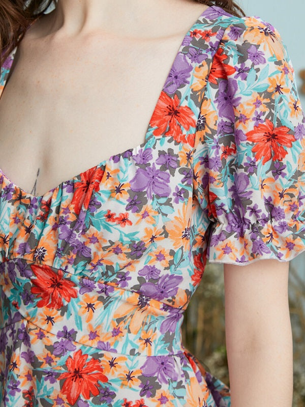 Floral Print Knotted Puff Sleeve Square Collar Dress
