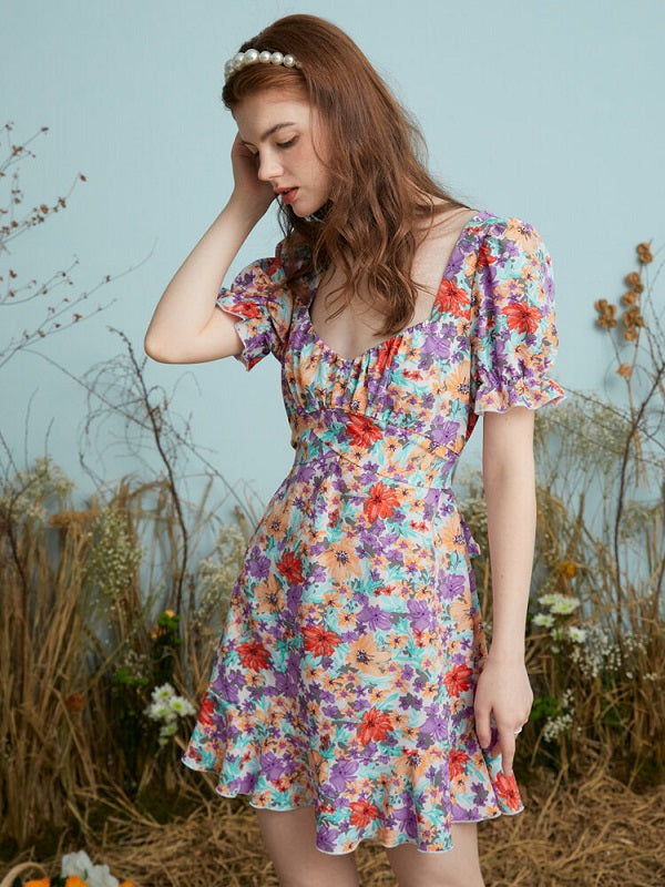 Floral Print Knotted Puff Sleeve Square Collar Dress