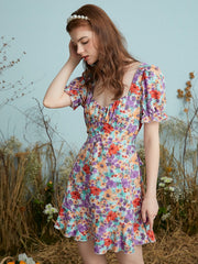 Floral Print Knotted Puff Sleeve Square Collar Dress