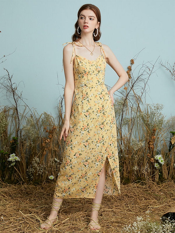 Floral Print Knotted Strap Backless Slit Hem Midi Dress