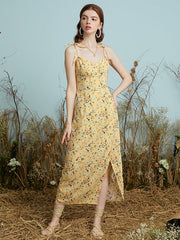 Floral Print Knotted Strap Backless Slit Hem Midi Dress