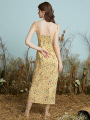 Floral Print Knotted Strap Backless Slit Hem Midi Dress