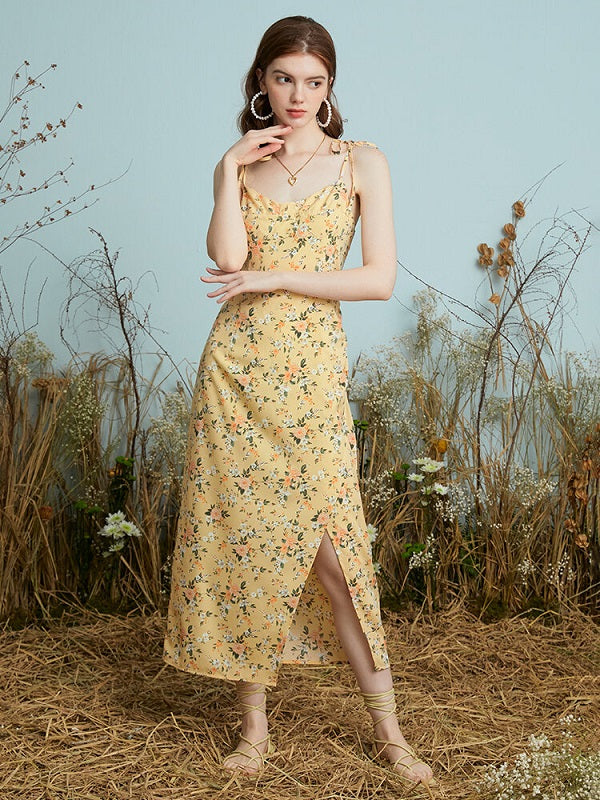 Floral Print Knotted Strap Backless Slit Hem Midi Dress