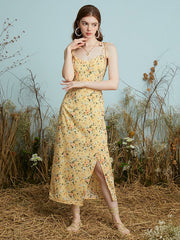 Floral Print Knotted Strap Backless Slit Hem Midi Dress