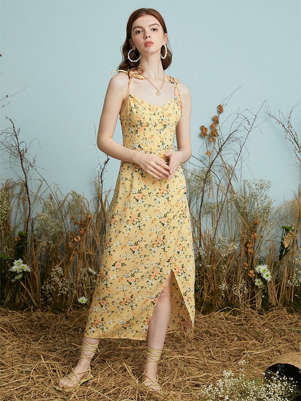 Floral Print Knotted Strap Backless Slit Hem Midi Dress
