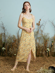 Floral Print Knotted Strap Backless Slit Hem Midi Dress